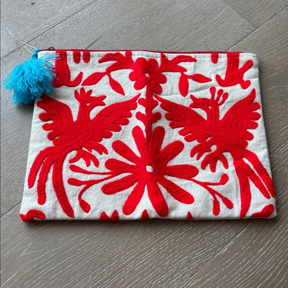 Red Embroidered Floral & Bird Cosmetic Pouch with Blue Tassel Accent